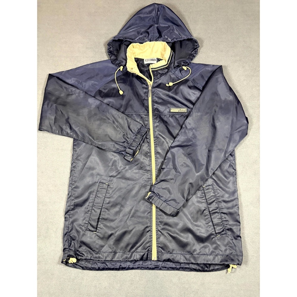 Giordano Windbreaker Jacket Mens Large Navy Blue Hooded Drawcord Hem Full Zip